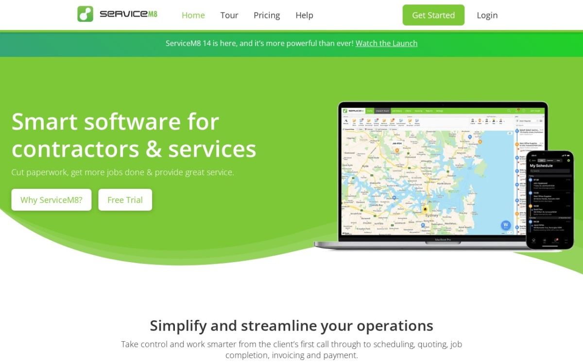 servicem8.com homepage, captured 9 September 2026.
