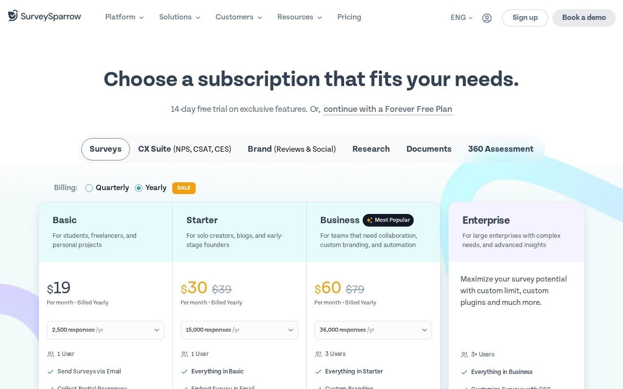 SurveySparrow pricing page, Surveys tab with yearly billing selected, captured from surveysparrow.com on October 9, 2026.