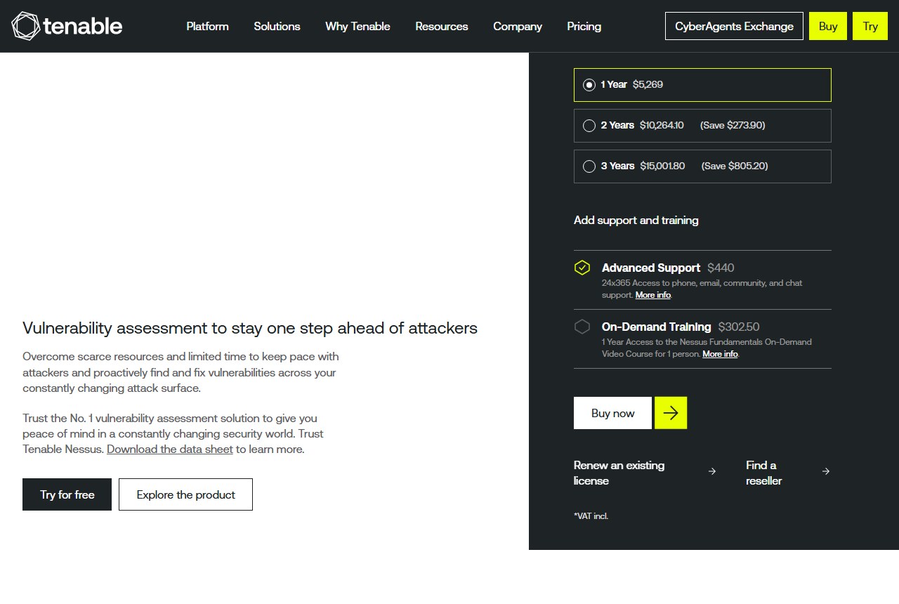 The Nessus Professional buy panel on tenable.com, captured October 14, 2026; prices shown include local VAT for the capture location.